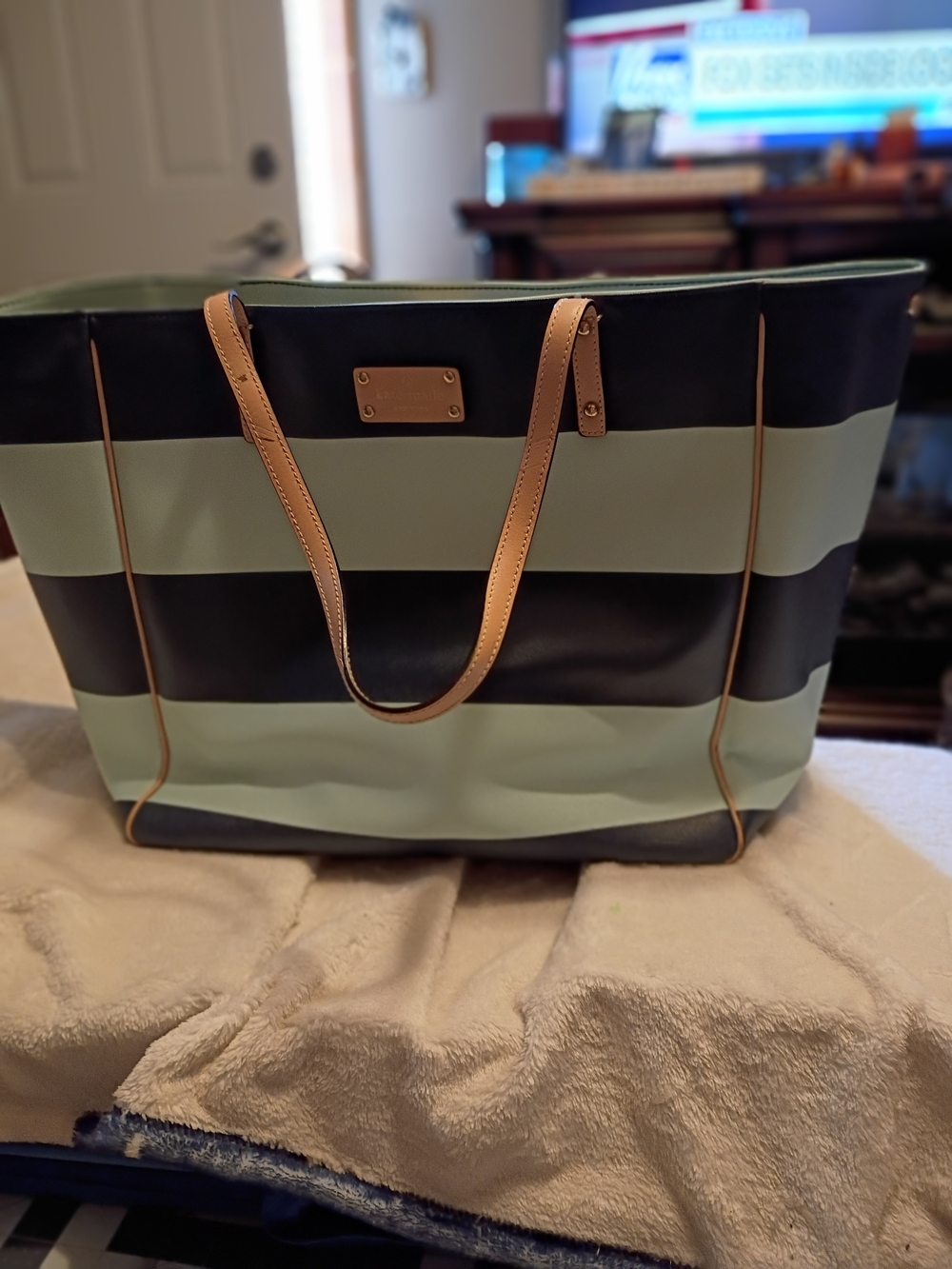kate spade Blue and Teal Striped Tote with Tan Handles